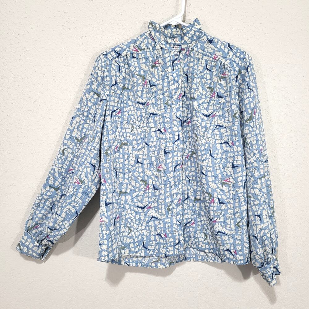 Pendleton Vintage Blouse Women's Large Blue Abstract Print Button Up 80s